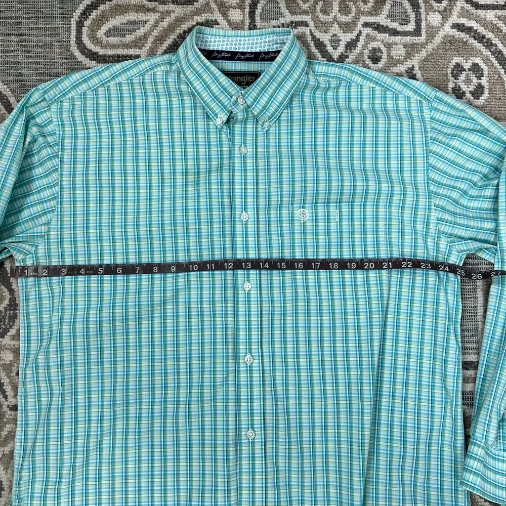 Wrangler George Straight Button Down Turquoise Plaid Contrast Trim Dress Shirt